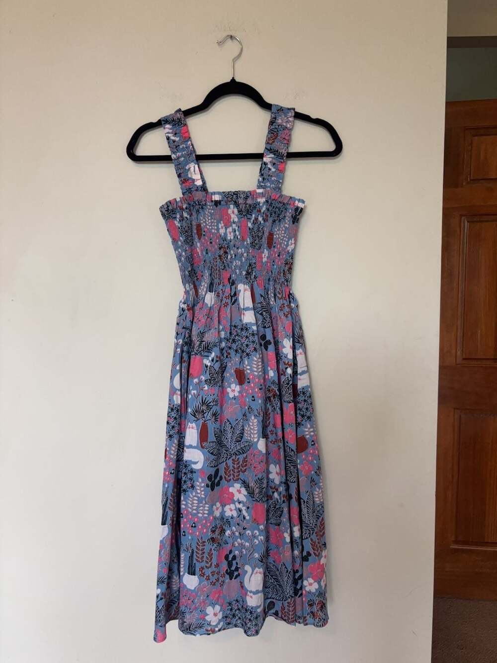 Kate Spade New York Floral Cat Print Smocked Midi Dress XS